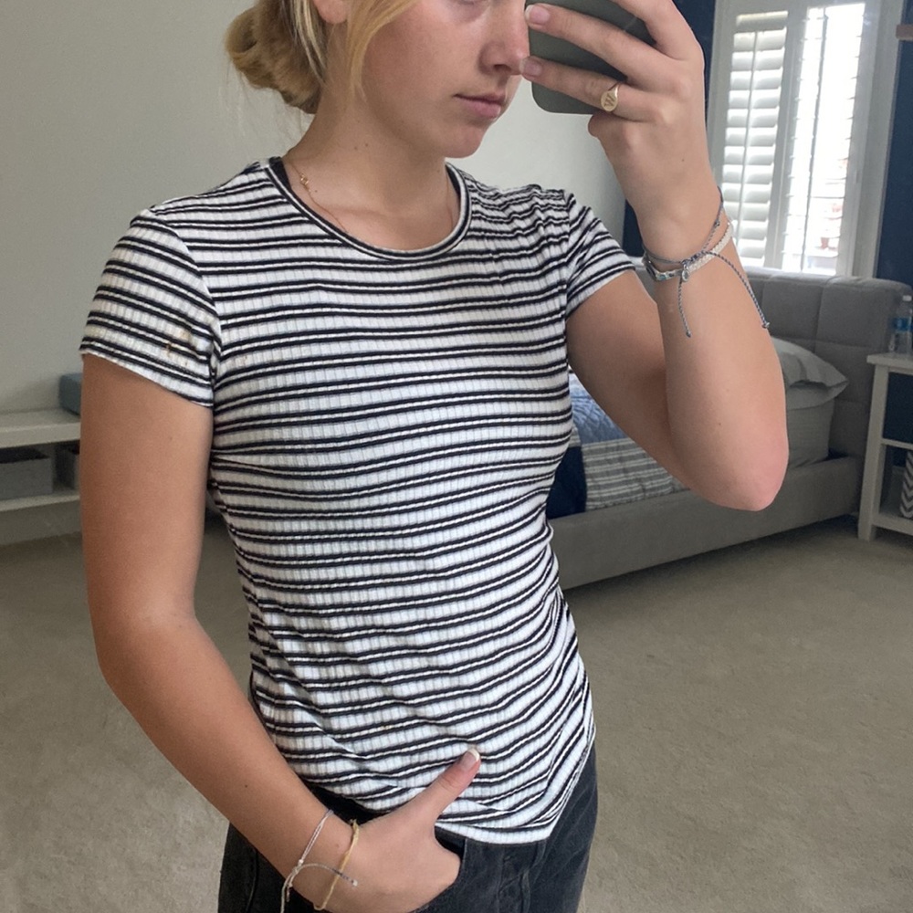 Max Studio T stripped shirt. Black, grey, and white combo.